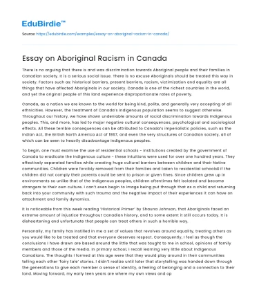 Essay on Aboriginal Racism in Canada