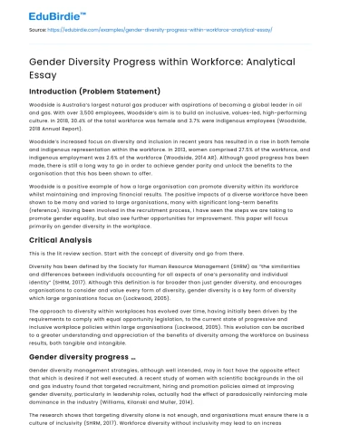 Gender Diversity Progress within Workforce: Analytical Essay