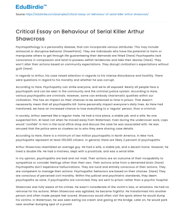 Critical Essay on Behaviour of Serial Killer Arthur Shawcross