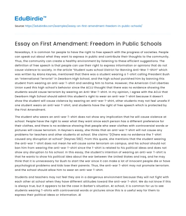 Essay on First Amendment: Freedom in Public Schools