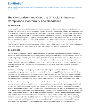 Comparing Social Influences: Compliance, Conformity, Obedience