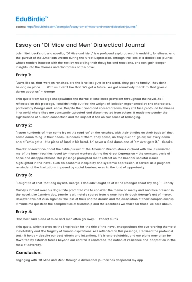 Essay on ‘Of Mice and Men’ Dialectical Journal