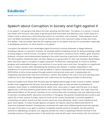 Speech about Corruption in Society and Fight against It