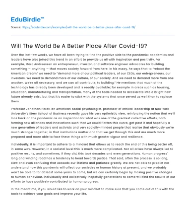 Will The World Be A Better Place After Covid-19?