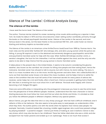 Silence of The Lambs’: Critical Analysis Essay