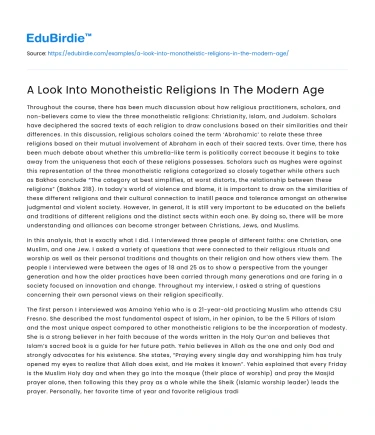 A Look Into Monotheistic Religions In The Modern Age