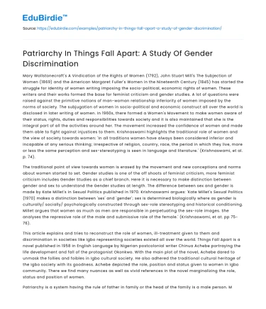 Patriarchy In Things Fall Apart: A Study Of Gender Discrimination