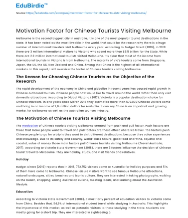 Motivation Factor for Chinese Tourists Visiting Melbourne