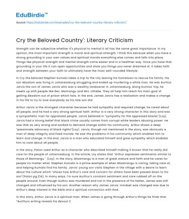 Cry the Beloved Country’: Literary Criticism
