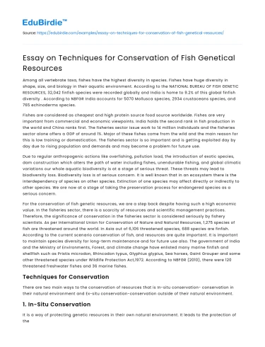 Essay on Techniques for Conservation of Fish Genetical Resources