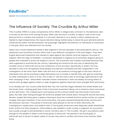 The Influence Of Society: The Crucible By Arthur Miller