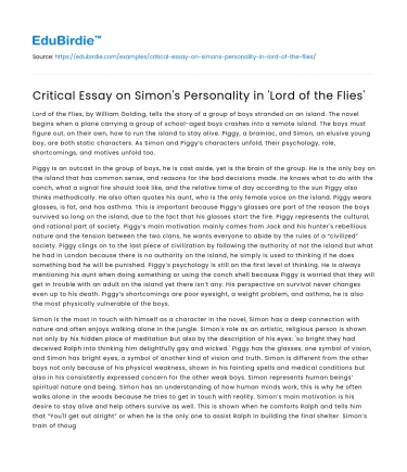 Critical Essay on Simon’s Personality in ‘Lord of the Flies’