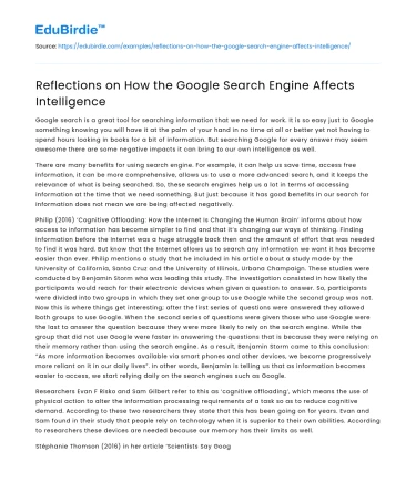 Reflections on How the Google Search Engine Affects Intelligence