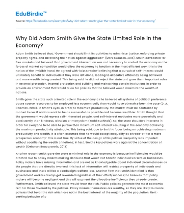 Why Did Adam Smith Give the State Limited Role in the Economy?