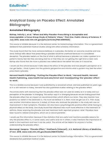 Analytical Essay on Placebo Effect: Annotated Bibliography