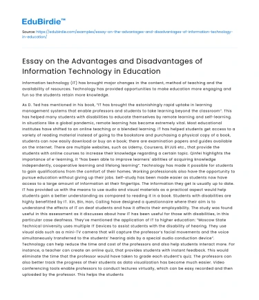 Essay on the Advantages and Disadvantages of Information Technology in Education