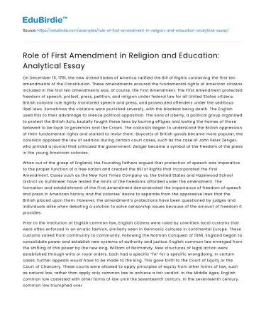 Role of First Amendment in Religion and Education: Analytical Essay