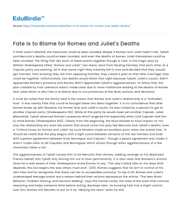 Fate Is to Blame for Romeo and Juliet’s Deaths