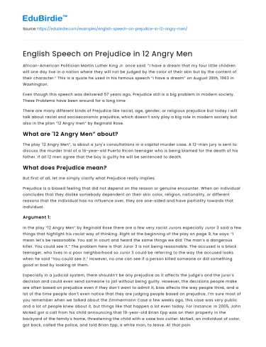 English Speech on Prejudice in 12 Angry Men