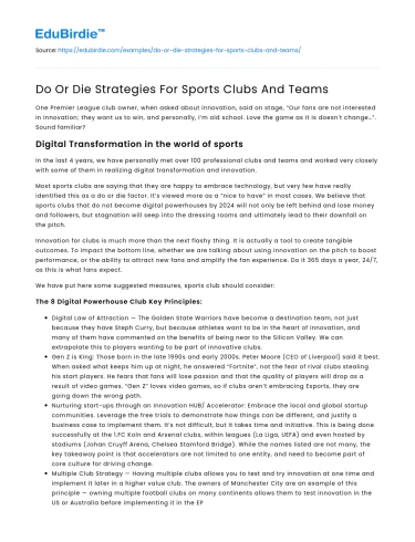 Do Or Die Strategies For Sports Clubs And Teams