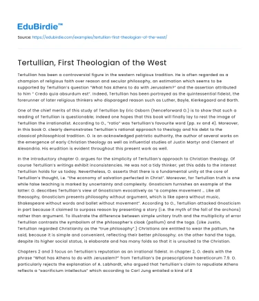 Tertullian, First Theologian of the West