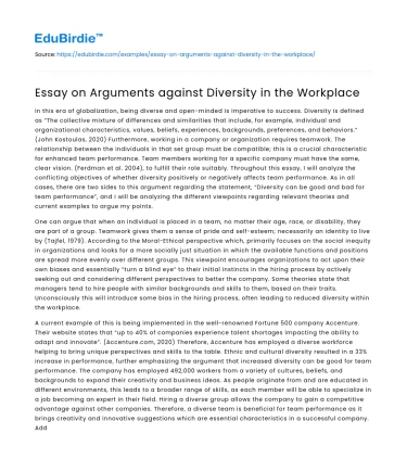 Essay on Arguments against Diversity in the Workplace