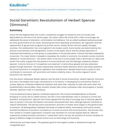 Social Darwinism: Revolutionism of Herbert Spencer (Simmons)