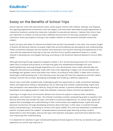 Essay on the Benefits of School Trips