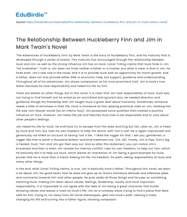The Relationship Between Huckleberry Finn and Jim in Mark Twain’s Novel