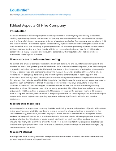 Ethical Aspects Of Nike Company