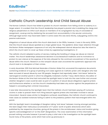 Catholic Church Leadership And Child Sexual Abuse