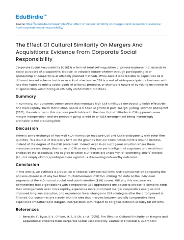 Cultural Similarity’s Impact on M&A: Evidence From CSR