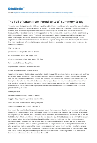 The Fall of Satan from ‘Paradise Lost’: Summary Essay