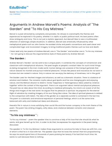 Analysis of Marvell’s Poems: The Garden and To His Coy Mistress