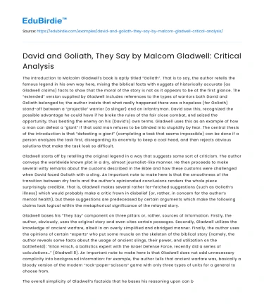 David and Goliath, They Say by Malcom Gladwell: Critical Analysis
