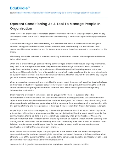 Operant Conditioning As A Tool To Manage People In Organization
