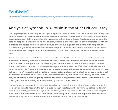 Analysis of Symbols in ‘A Raisin in the Sun’: Critical Essay
