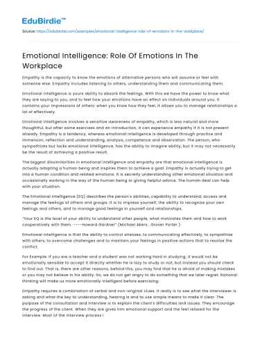 Emotional Intelligence: Impact of Emotions at Work
