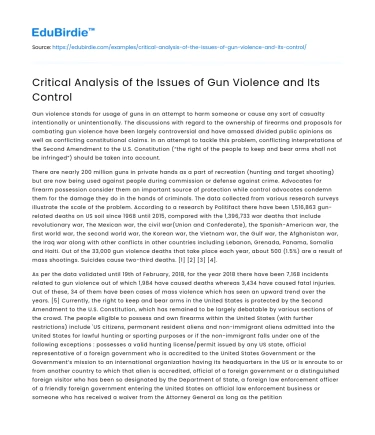 Critical Analysis of the Issues of Gun Violence and Its Control