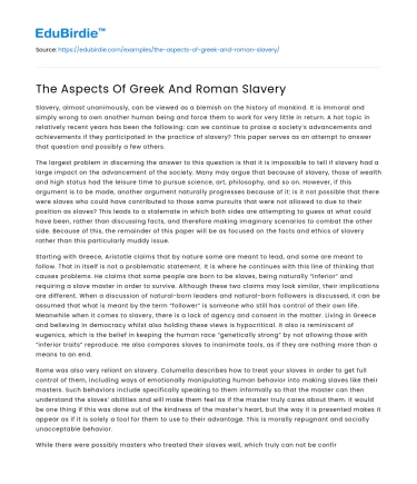 The Aspects Of Greek And Roman Slavery