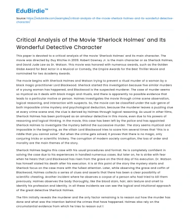 Analysis of ‘Sherlock Holmes’ Movie and Detective Character