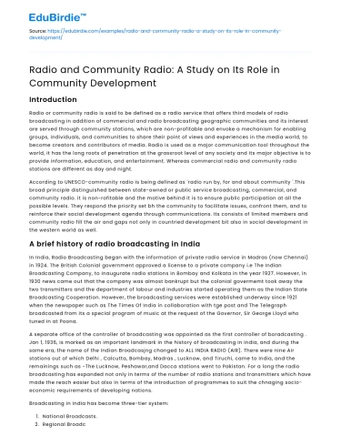 Community Radio as a Catalyst for Development