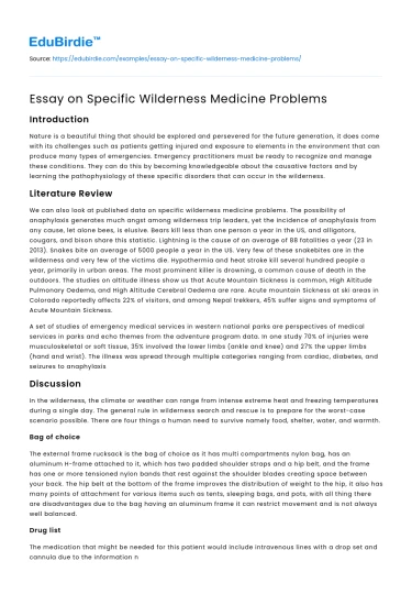 Essay on Specific Wilderness Medicine Problems