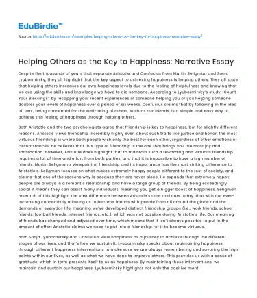 Helping Others as the Key to Happiness: Narrative Essay
