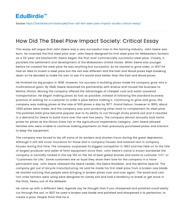 How Did The Steel Plow Impact Society: Critical Essay