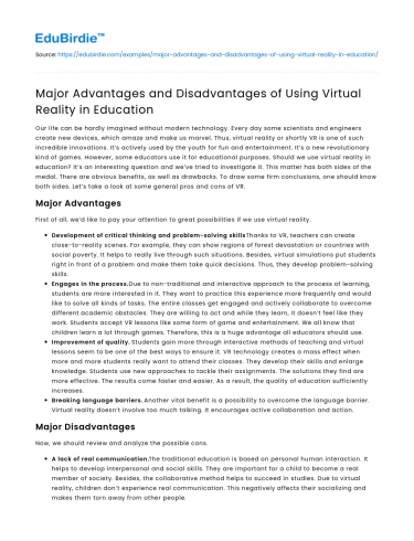 Major Advantages and Disadvantages of Using Virtual Reality in Education