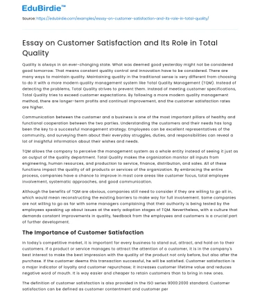 Essay on Customer Satisfaction and Its Role in Total Quality