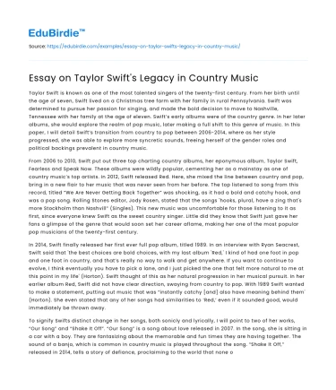Essay on Taylor Swift’s Legacy in Country Music