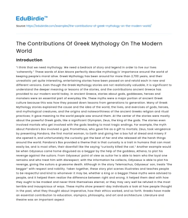 The Contributions Of Greek Mythology On The Modern World