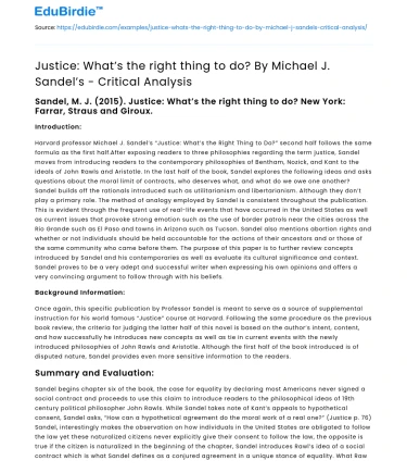 Justice: Sandel’s Analysis of Right vs Wrong
